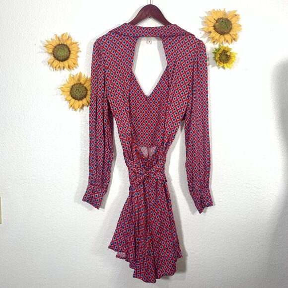 Free People Red Pink Blue Black Open Back Mini Dress Size Medium - Picture 6 of 14